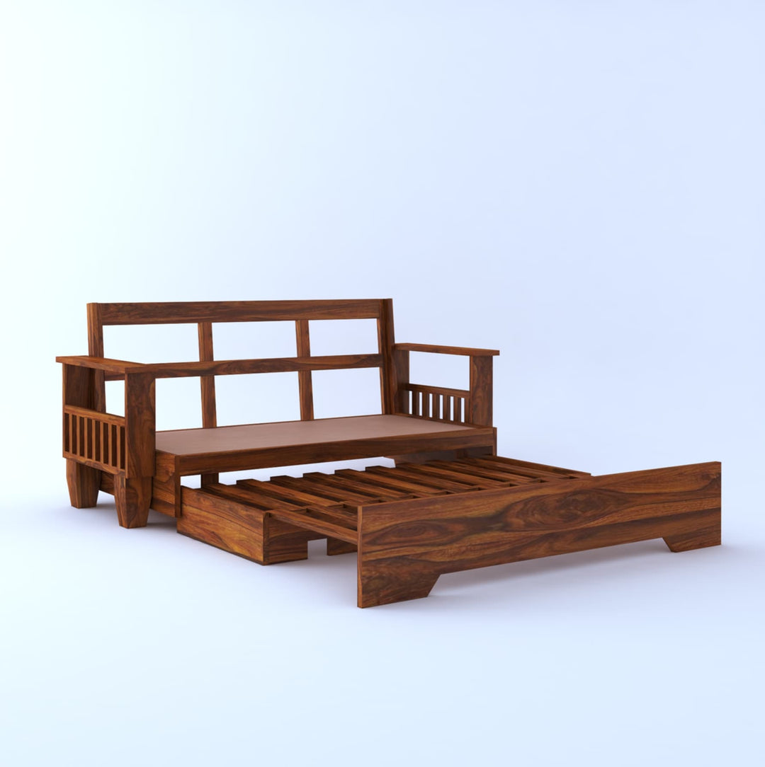 Remi Solid Sheesham Wood 3 Seater Sofa Cum Bed With Side Pockets