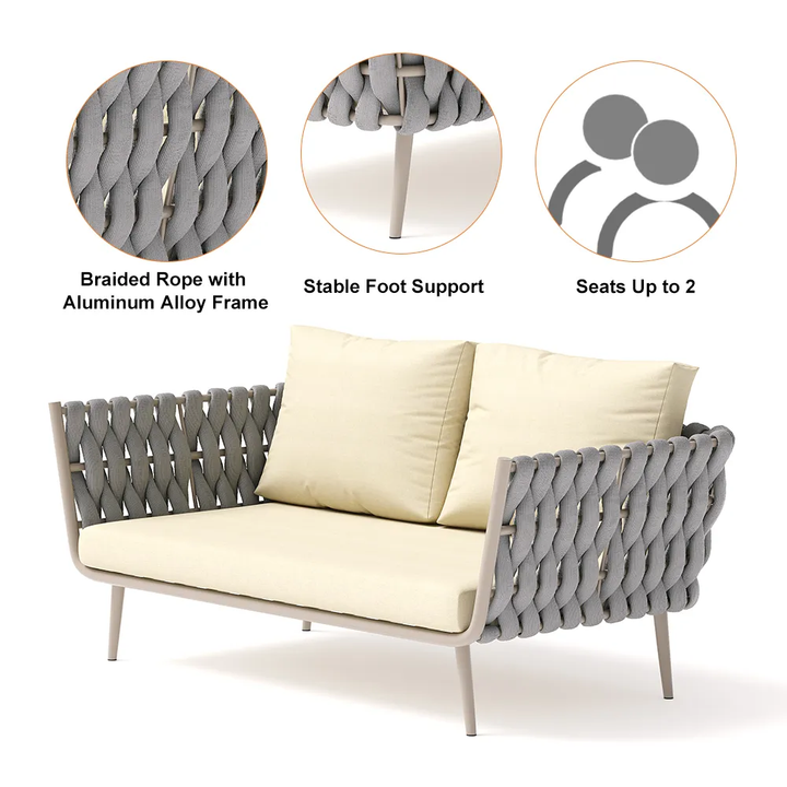Bifrox Outdoor Garden Balcony Sofa Set 2 Seater, 2 Single seater and 1 Center Table  Set, Braid & Rope (Beige + Grey)