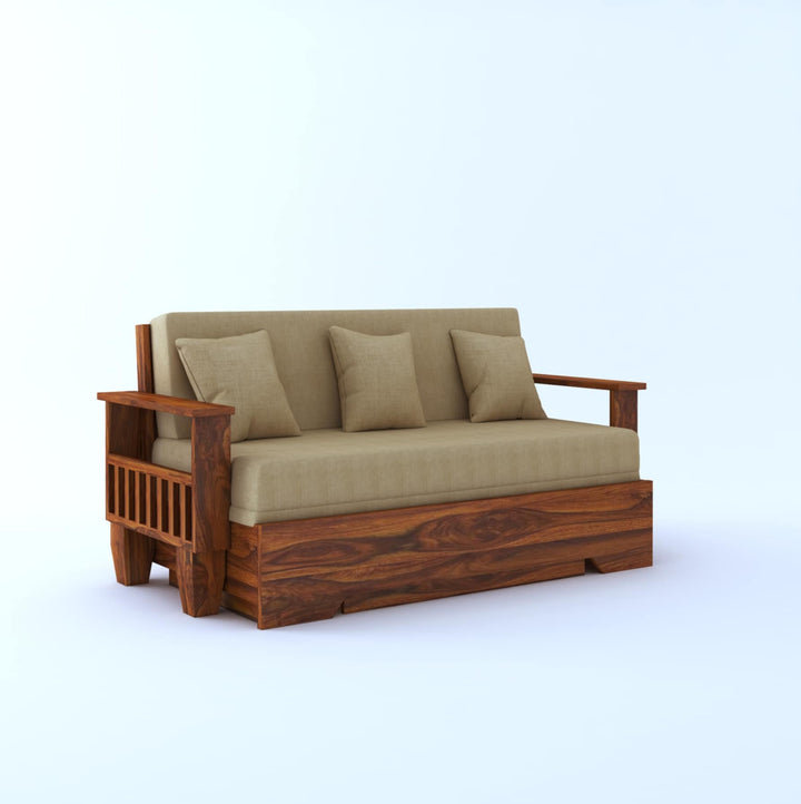 Remi Solid Sheesham Wood 3 Seater Sofa Cum Bed With Side Pockets