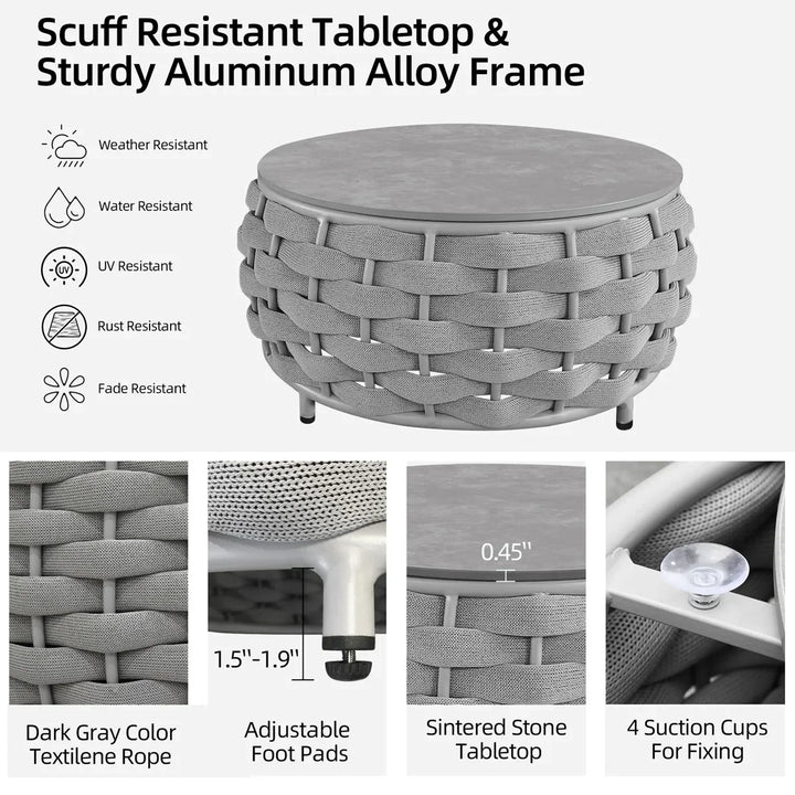 Fiae Outdoor Patio Seating Set 2 Chairs and 1 Table Set (Light Grey) Braided & Rope