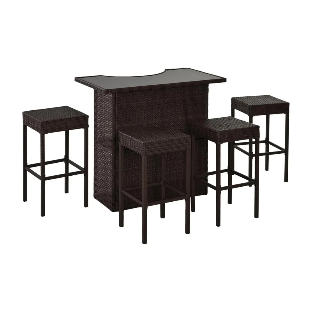 Outdoor Wicker 5-Piece Bar Set with Glass Top Table