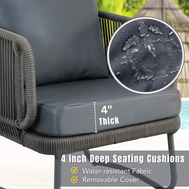 Castolo Outdoor Garden Balcony Sofa Set 3 Seater, 2 Single Seater 1 Ottoman and 1 Center Table Set Braid & Rope (Grey)