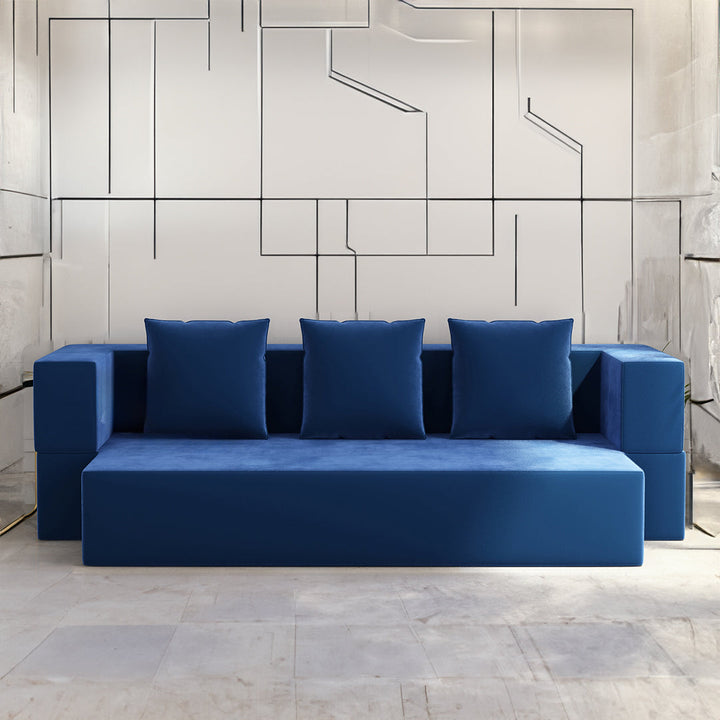 Sanya Premium Velvet 3 Seater Fabric Sofa Cum Bed - Blue