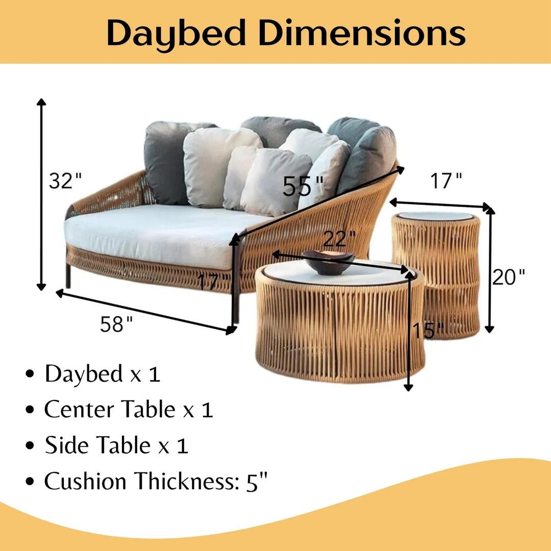 Roxane Outdoor Patio Rope Daybed With Center and Side Tables