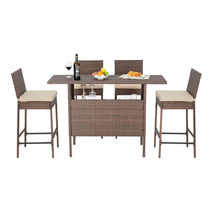 Sayaka 5-Piece Outdoor Rattan Wicker Bar Set with Wicker Top Table