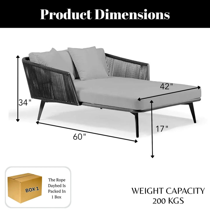 Salwa Outdoor Black Rope Patio Daybed with Comfortable Grey Cushion