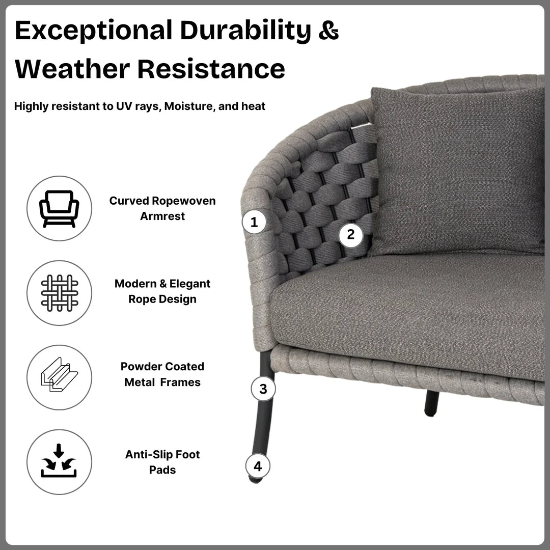 Yasmeen Outdoor Grey Rope 4 Piece Patio Sofa Set with Dark Grey Cushions