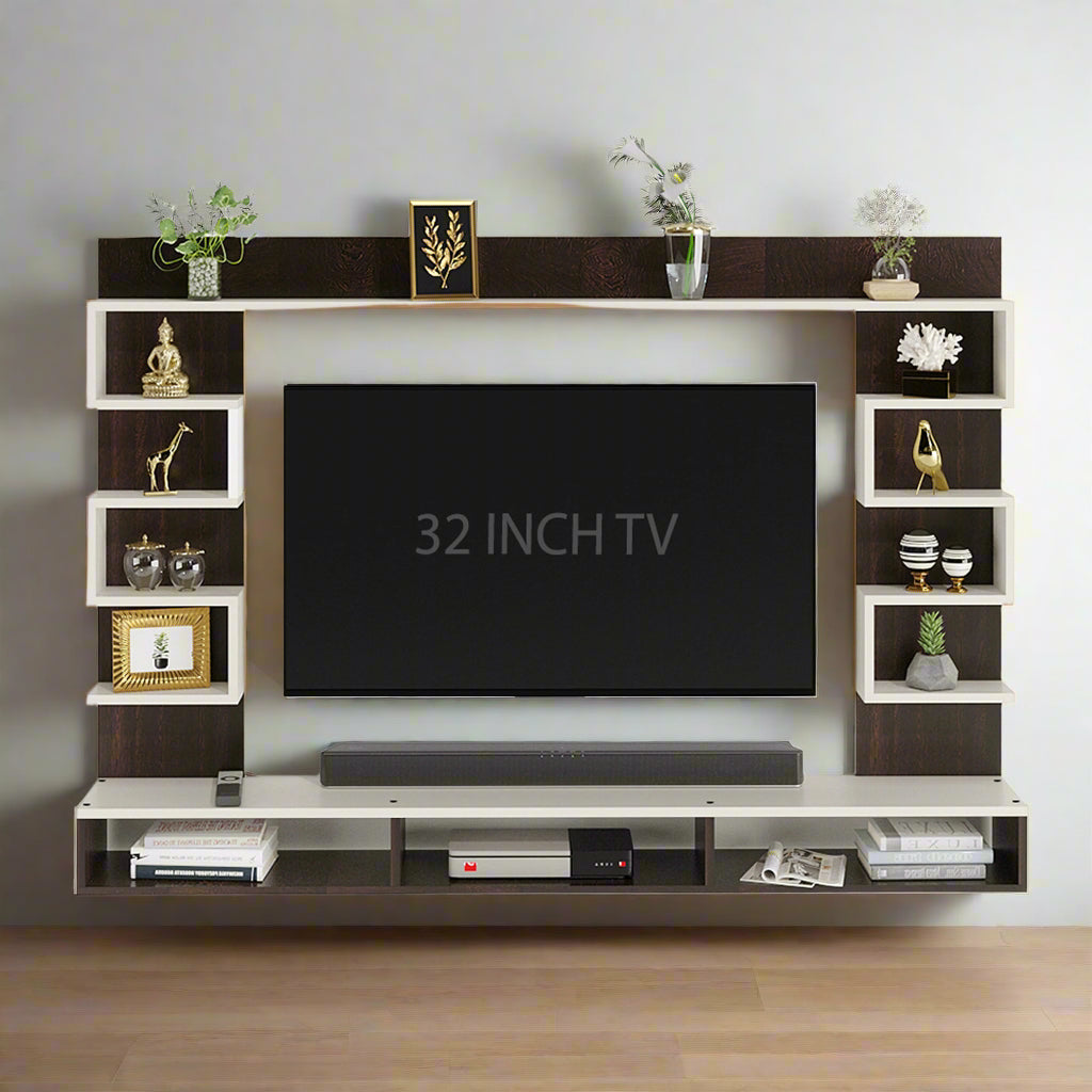 Juhi Wall-Mount TV Unit with Display Shelves – Wenge & White (32")