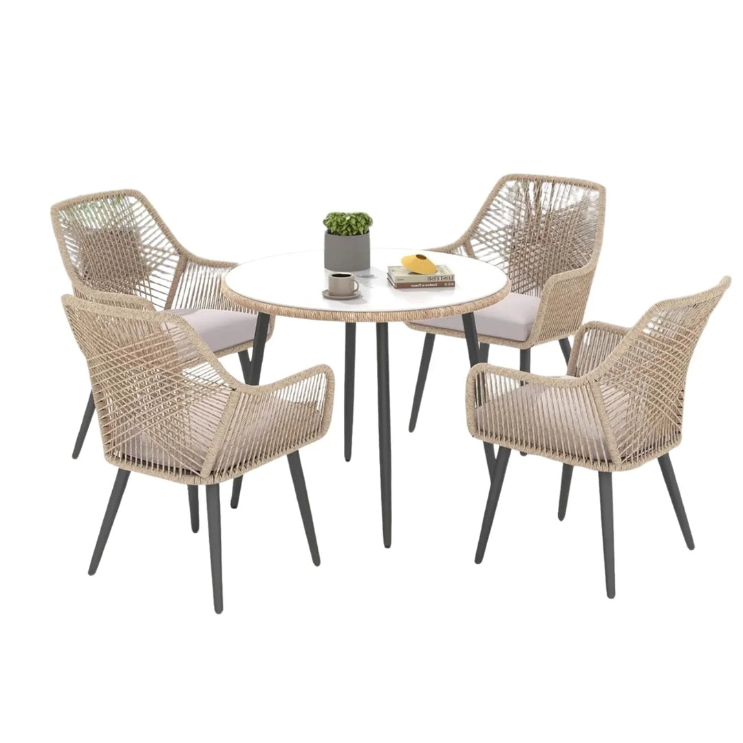 Valentina 5-Piece Outdoor Patio Dining Set with Rope Chairs & Glass Top Table