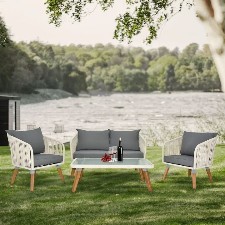 Vada Outdoor Rope 4-Piece Sofa Set (White & Grey)