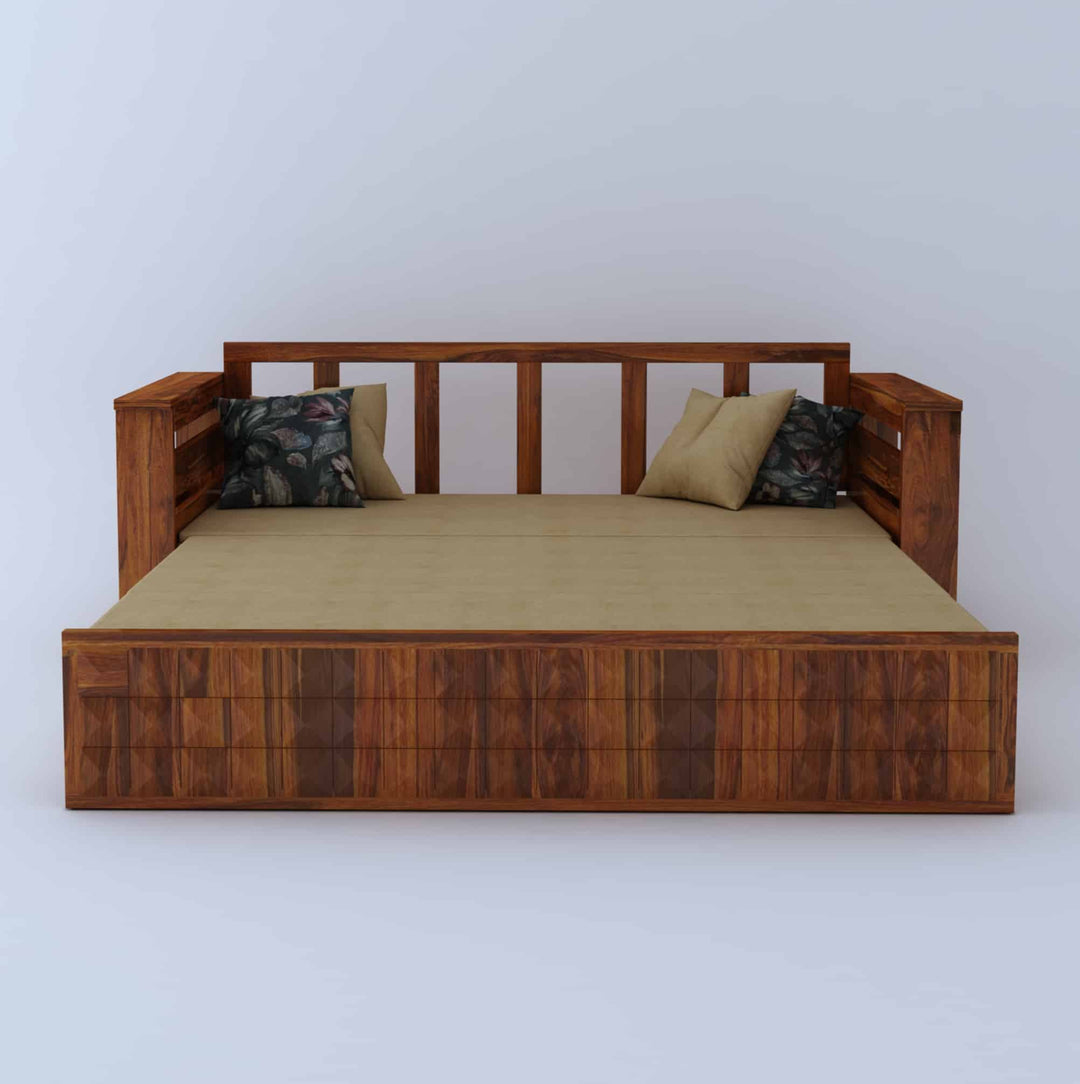 Eliana Solid Sheesham Wood 3 Seater Sofa Cum Bed With Mini Storage and Side Pockets