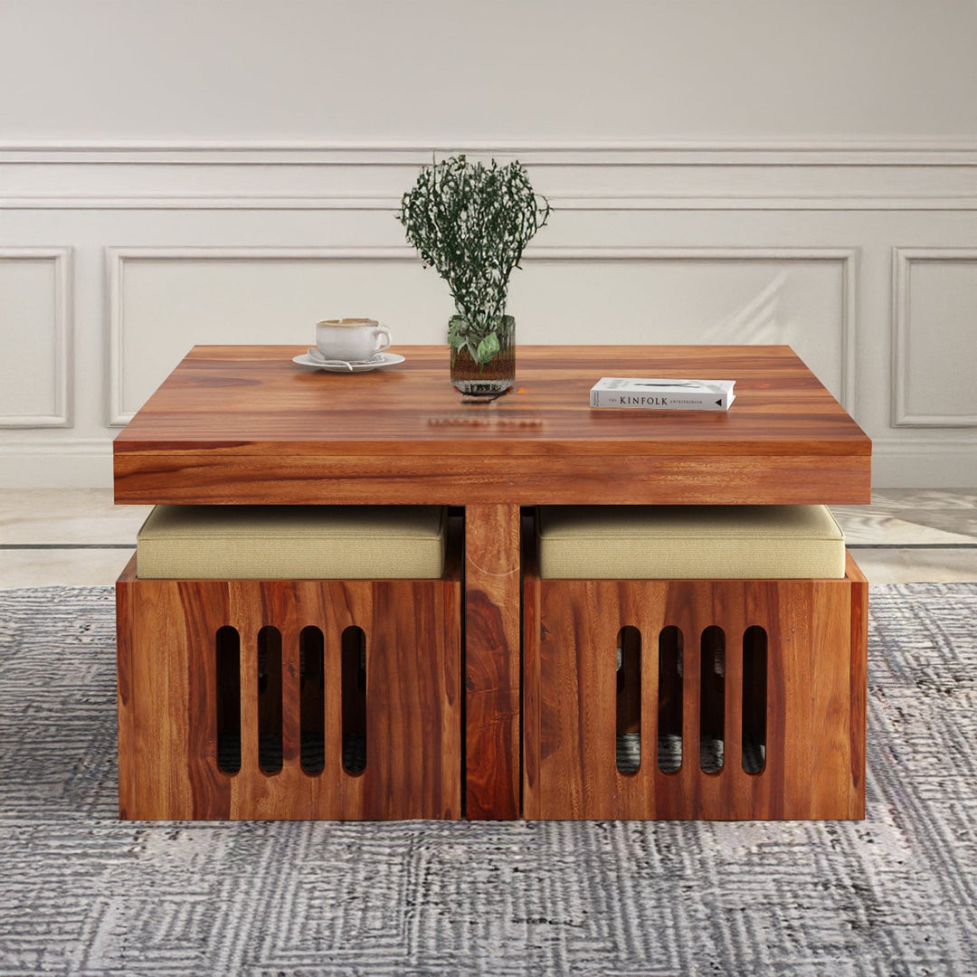 Savely Solid Wood Sheesham Coffee Table with 4 Seating Stools