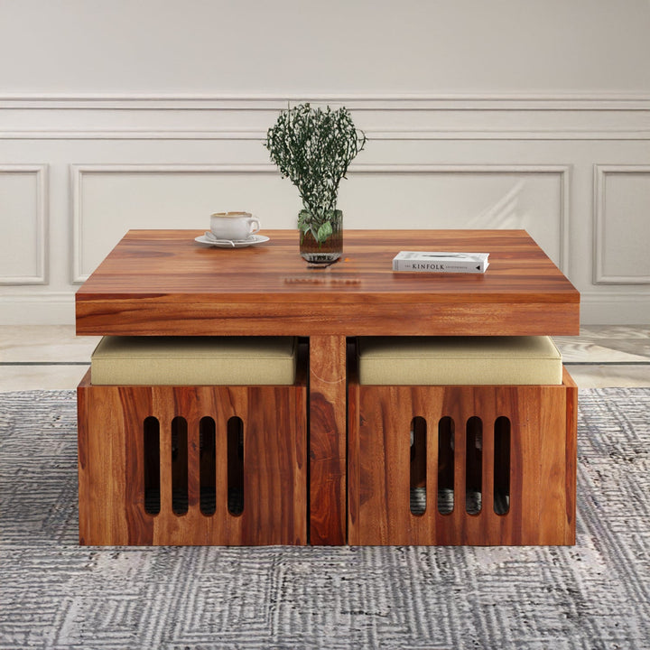 Savely Solid Wood Sheesham Coffee Table with 4 Seating Stools