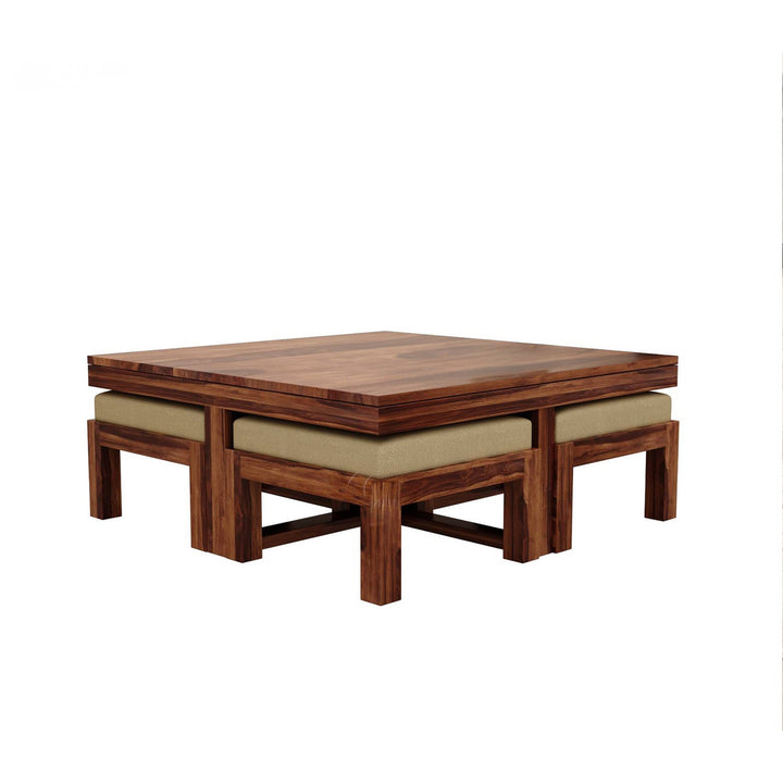 Denis Solid Wood Sheesham Coffee Table with Four Cushioned Stools