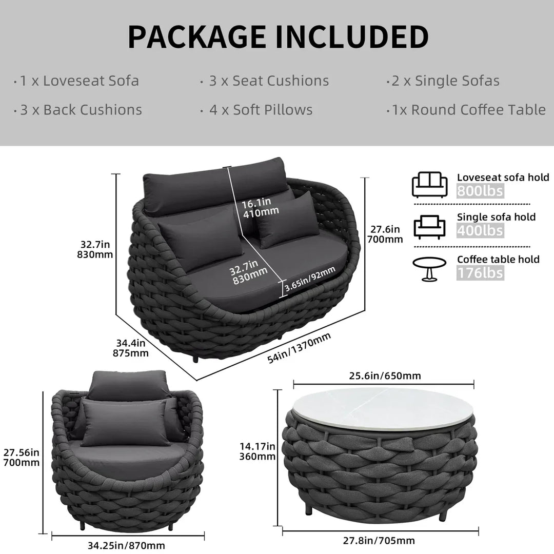 Oligon Outdoor Sofa Set 2 Seater, 2 Single seater and 1 Center Table (Dark Gery) Braided & Rope