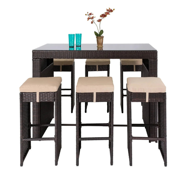 Asha 7-Piece Outdoor Rattan Wicker Bar Set with Glass Top Table