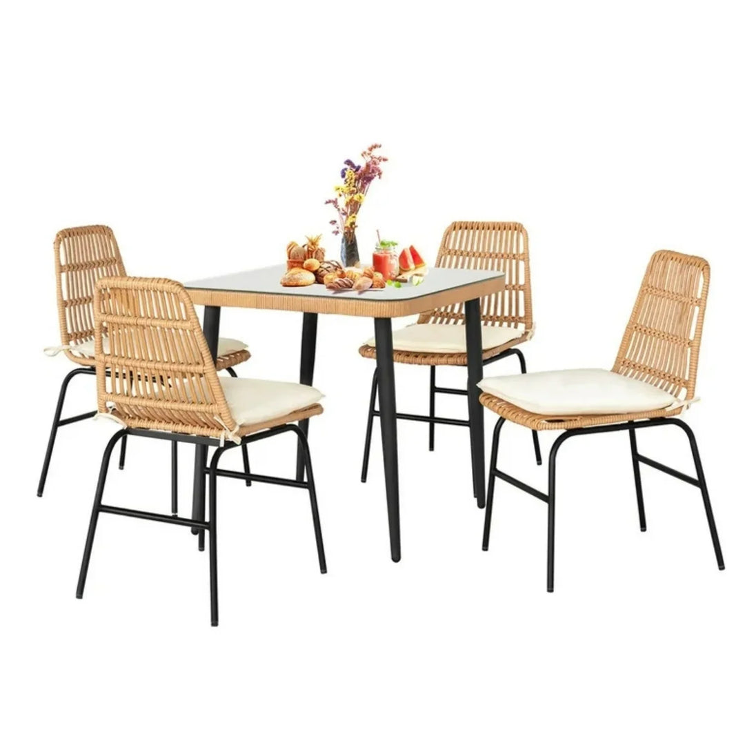 Macarena 5-Piece Outdoor Patio Dining Set With Rattan Chairs & Glass-Top Table