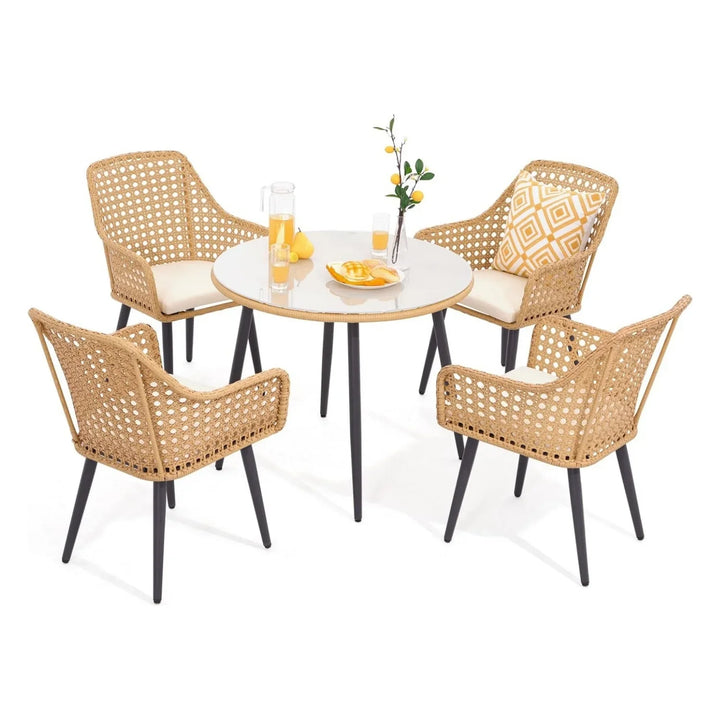 Beatriz 5-Piece Outdoor Patio Dining Set with Rattan Chairs & Glass Top Table
