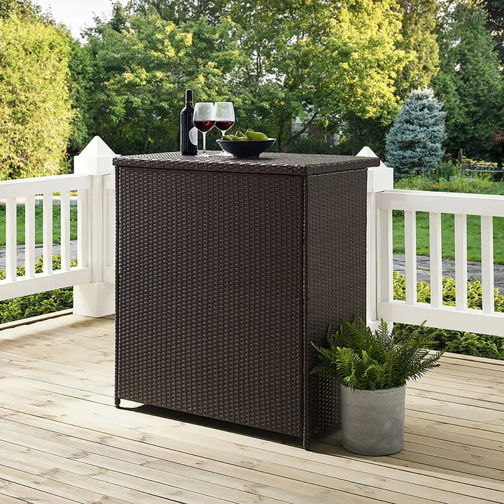 Olalla Outdoor Rattan Wicker Bar Table With Storage Selves