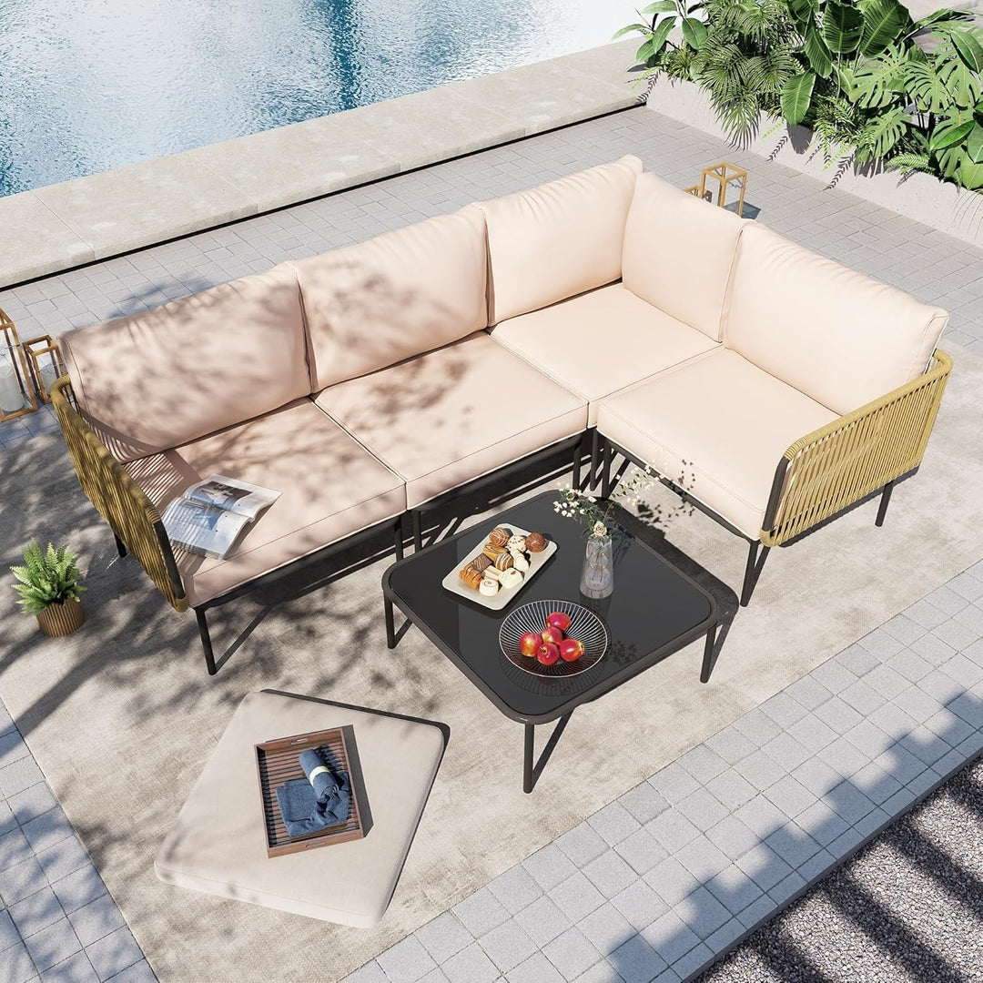 Eliana L-Shaped Rope Woven Outdoor Sofa Set (Beige & Cream)