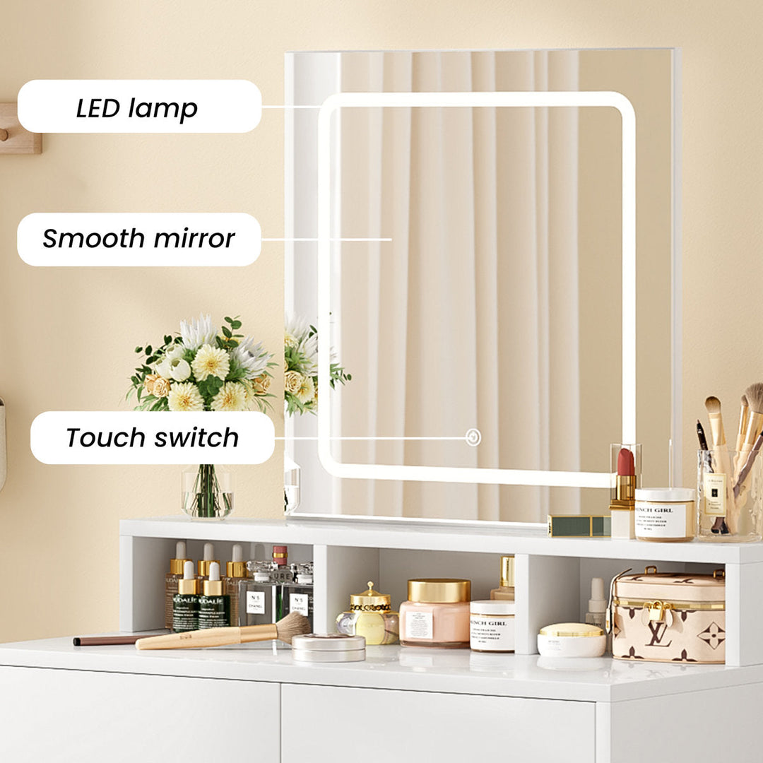 OmkarWood Premium LED Dressing Table with Touch Mirror & Storage – White Finish