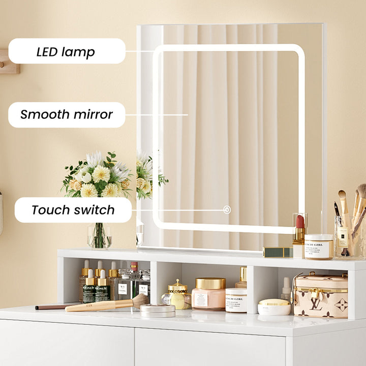 OmkarWood Premium LED Dressing Table with Touch Mirror & Storage – White Finish
