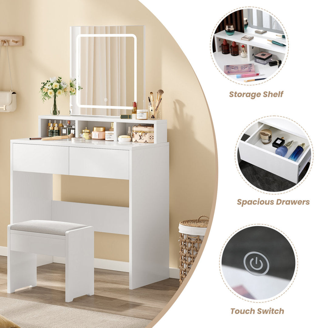 OmkarWood Premium LED Dressing Table with Touch Mirror & Storage – White Finish