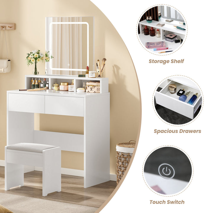 OmkarWood Premium LED Dressing Table with Touch Mirror & Storage – White Finish