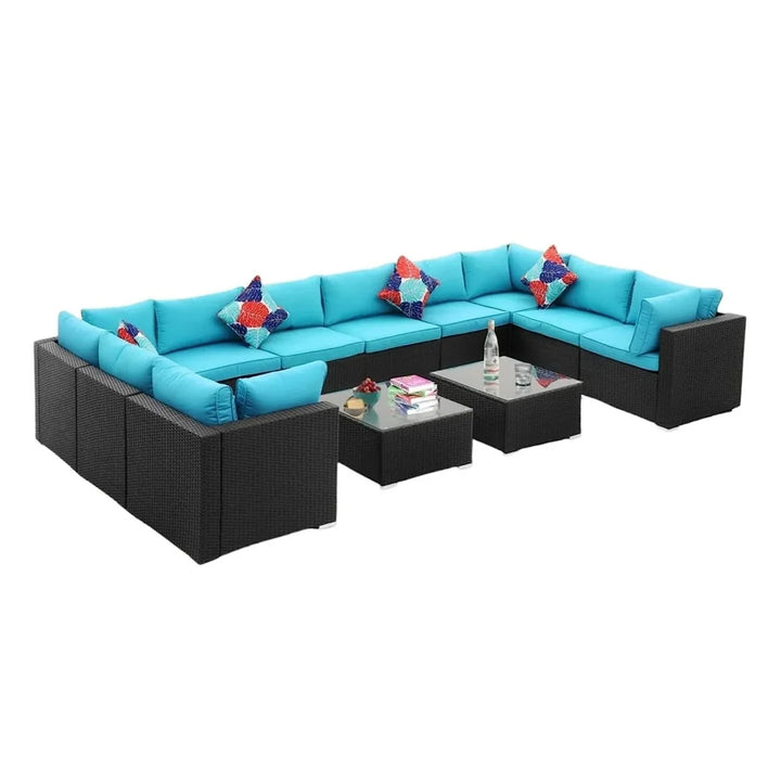 Meili 6-Piece Outdoor Wicker Sofa Set (Black/Sky-Blue)