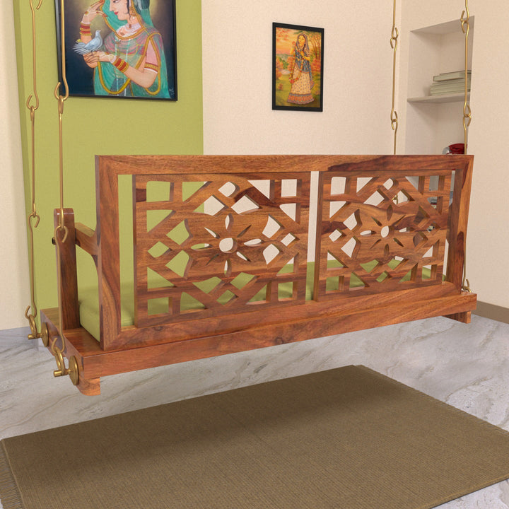Anvi Fusion Flowered Carved Back Handmade Wooden Swing for Home