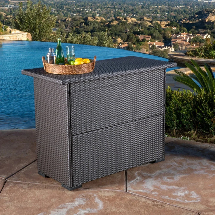 Rocio Outdoor Rattan Wicker Bar Table With Storage Selves