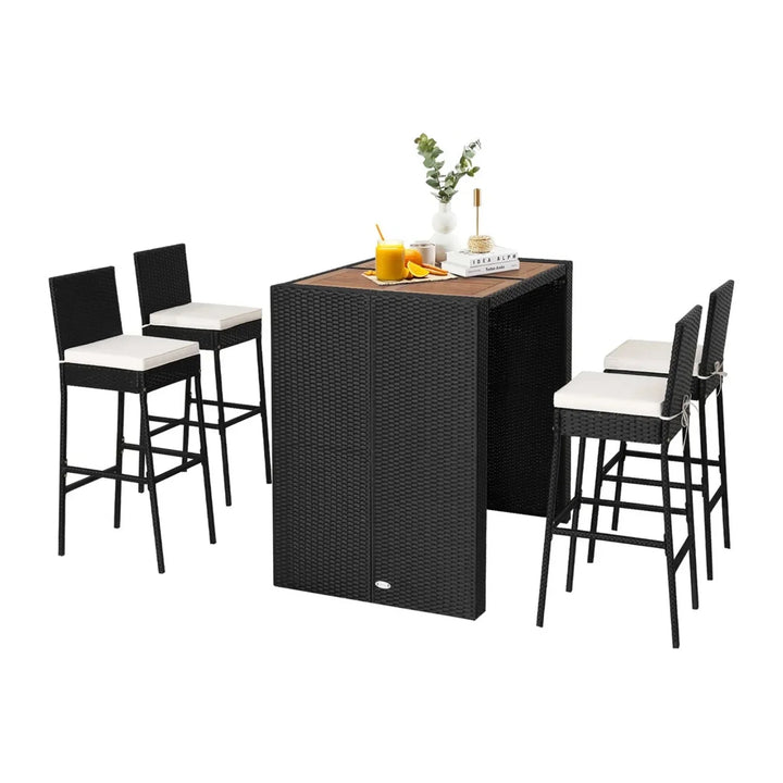 Addison 5-Piece Outdoor Rattan Wicker Bar Set with Wooden Top Table