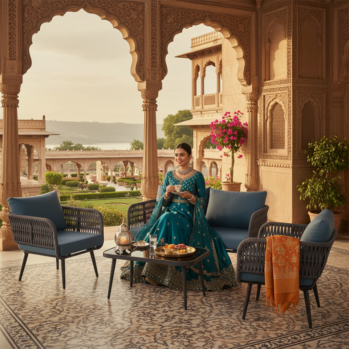 Polari Outdoor Garden Balcony Sofa Set 2 Seater , 2 Single Seater 1 Center Table Set (Grey) Braided and Rope