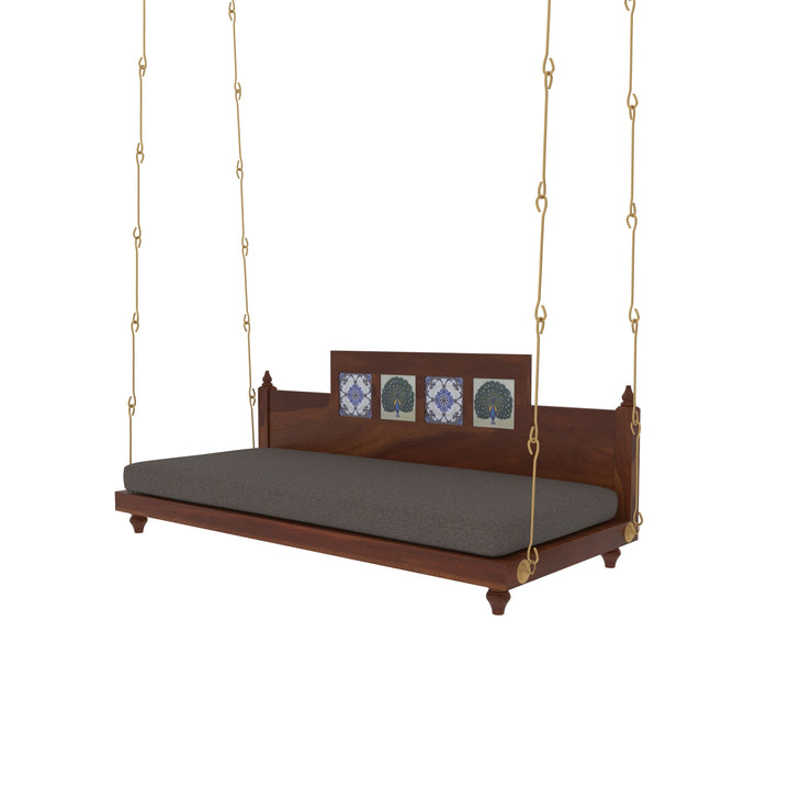 Krisha Artistic Wooden Swing with Hand-Painted Peacock Tiles – Balcony Jhula with Cushioned Seating