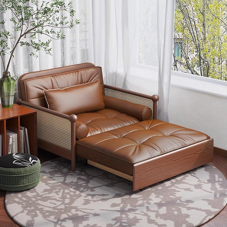 Rattan Weaving Armrests Leathaire Fabric Retro Sofa Bed with Underneath Storage SOFA BED