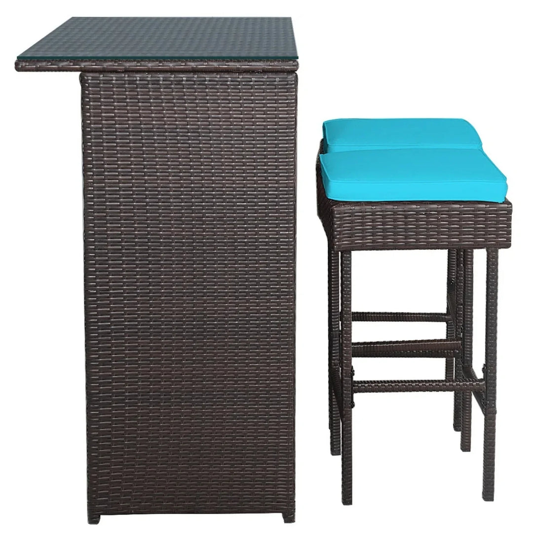 Outdoor Wicker Bar Set with Glass Top, 2 Cushioned Stools