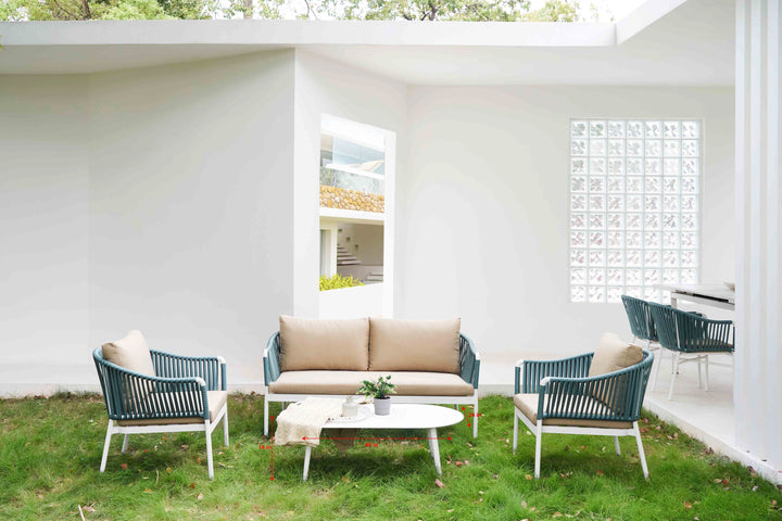 Furnixa Outdoor Garden Balcony Sofa Set 2 Seater, 2 Single seater and 1 Center Table Set, Braid & Rope (White + Blue)