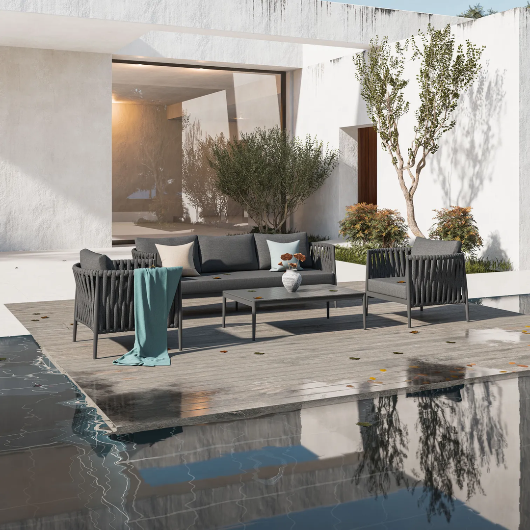 Pablo Outdoor Garden Balcony Sofa Set 3 Seater, 2 Single seater and 1 Table Set Braid & Rope (Dark Grey)