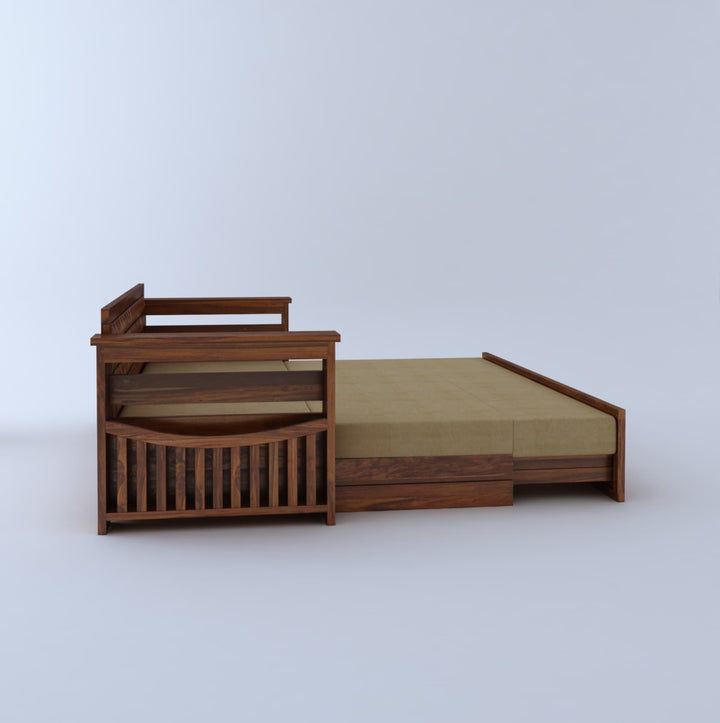 Freya Solid Sheesham Wood 3 Seater Sofa Cum Bed With Headboard and Mini Storage
