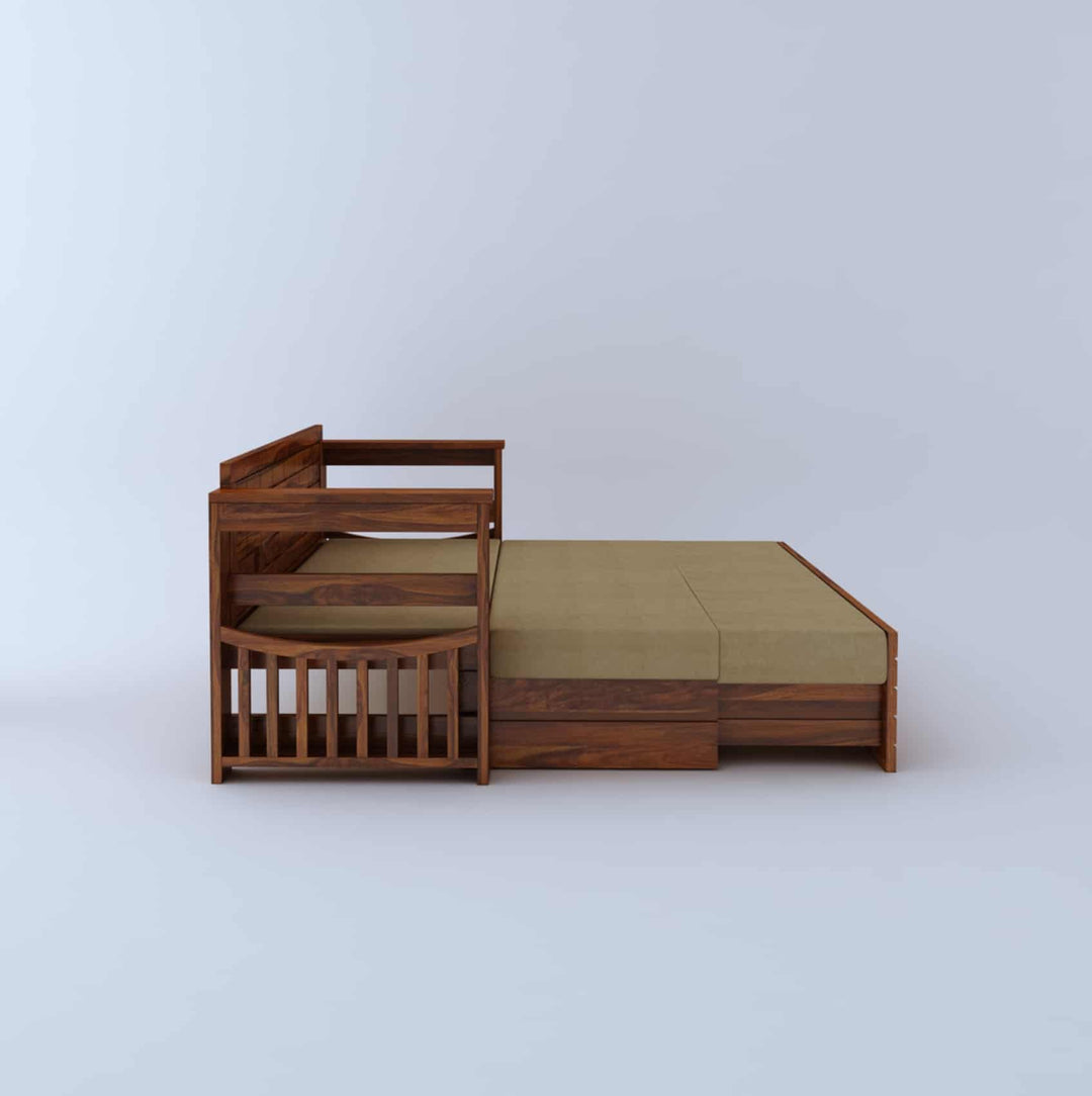 Harmony Solid Sheesham Wood 3 Seater Sofa Cum Bed With Headboard and Mini Storage