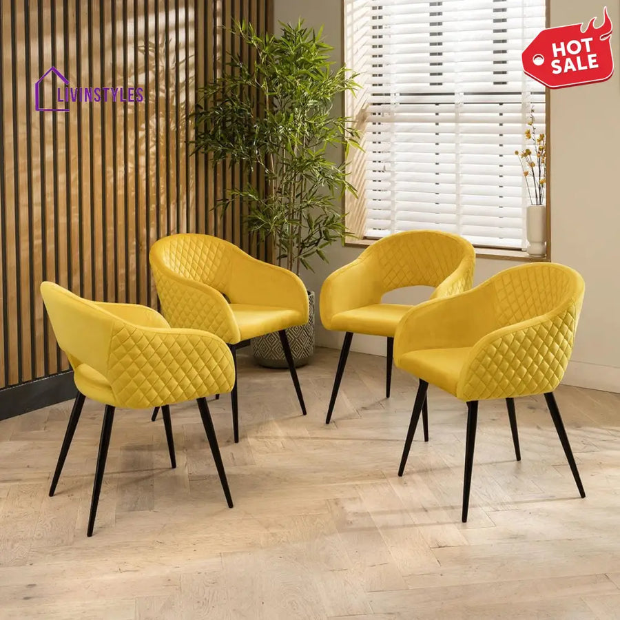 4 Eden Velvet Carver Dining Chairs Yellow
