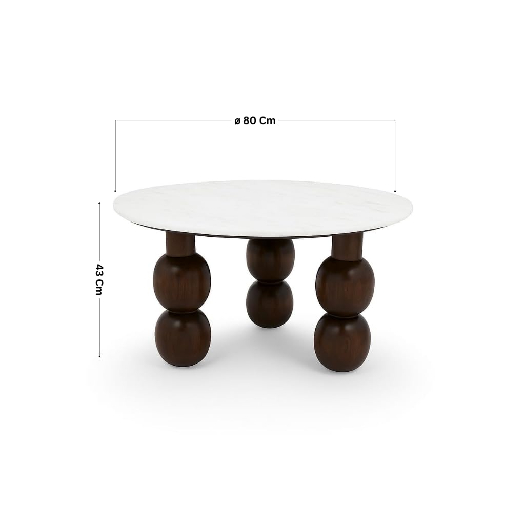 Shaurya Premium Round Center Table with Banswara White Marble Top & Solid Wood Ball Legs – Modern Coffee Table