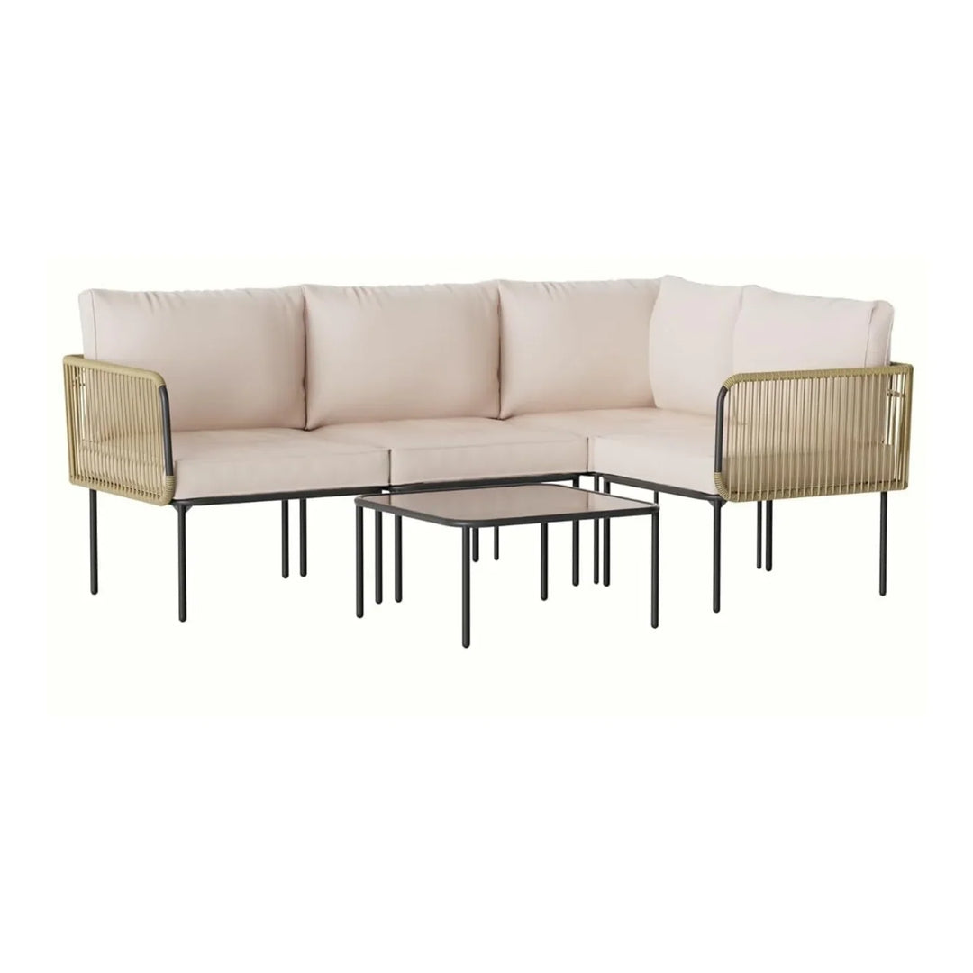 Eliana L-Shaped Rope Woven Outdoor Sofa Set (Beige & Cream)