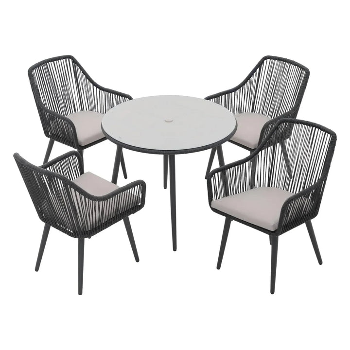 Isolde 5-Piece Outdoor Rope Patio Dining Set With Glass Top Table