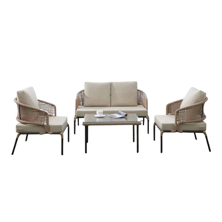 Amaya All-Weather Patio Rope Sofa Set with Glass Top Coffee Table