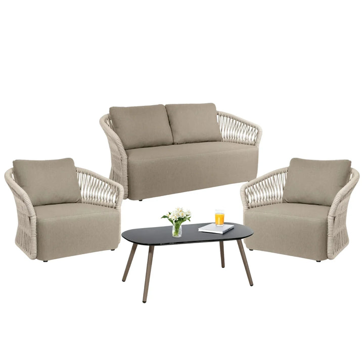 Aurelia 4-Piece Outdoor Braid & Rope Sofa Set (Beige & Dark Cream)