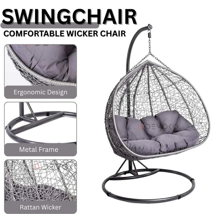 Jiao Double Seater Rattan & Wicker Swing (Grey)