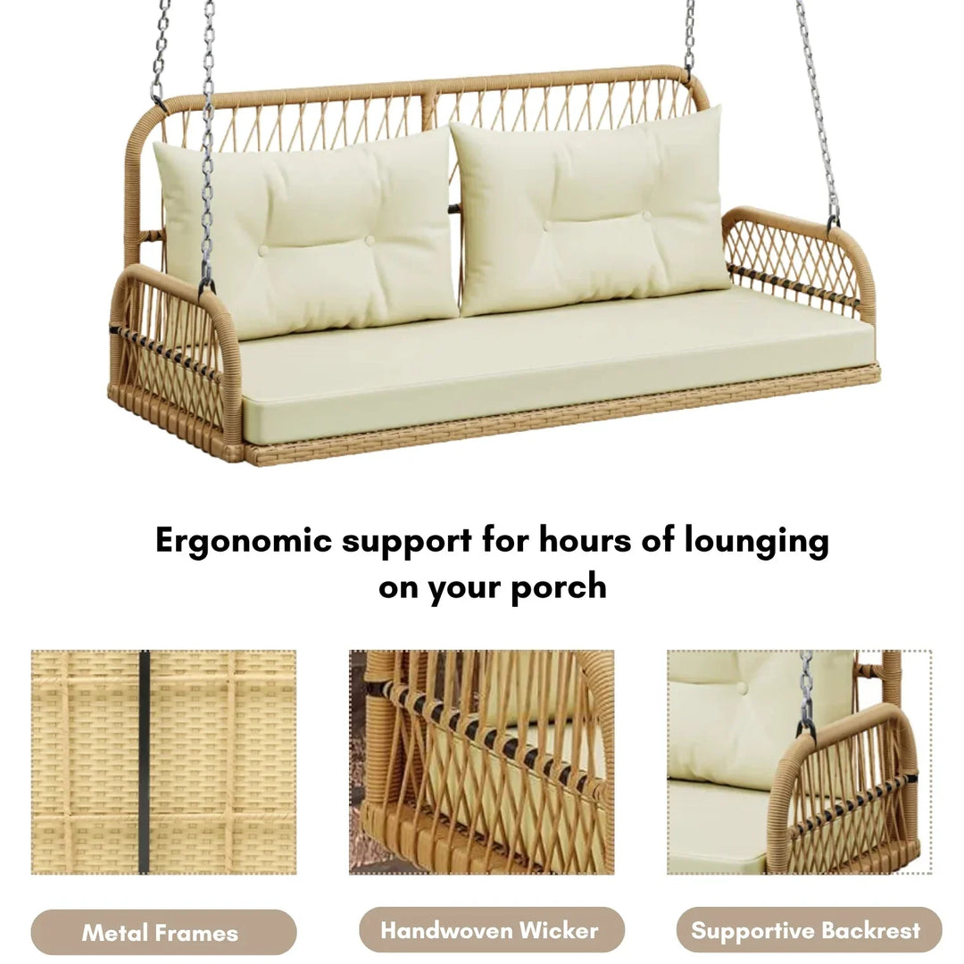 Muna Outdoor Beige Rattan Wicker Two Seater Sofa Swing