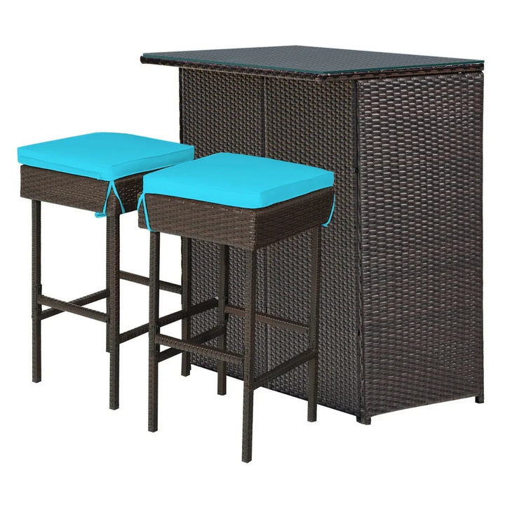 Outdoor Wicker Bar Set with Glass Top, 2 Cushioned Stools