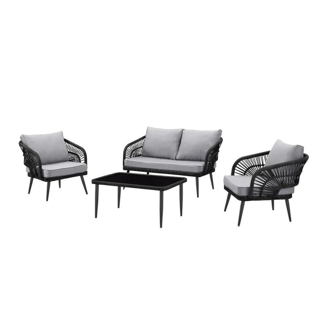 Presley Outdoor Rope 4-Piece Patio Sofa Set with Glass Top Table (Black/Light Grey)